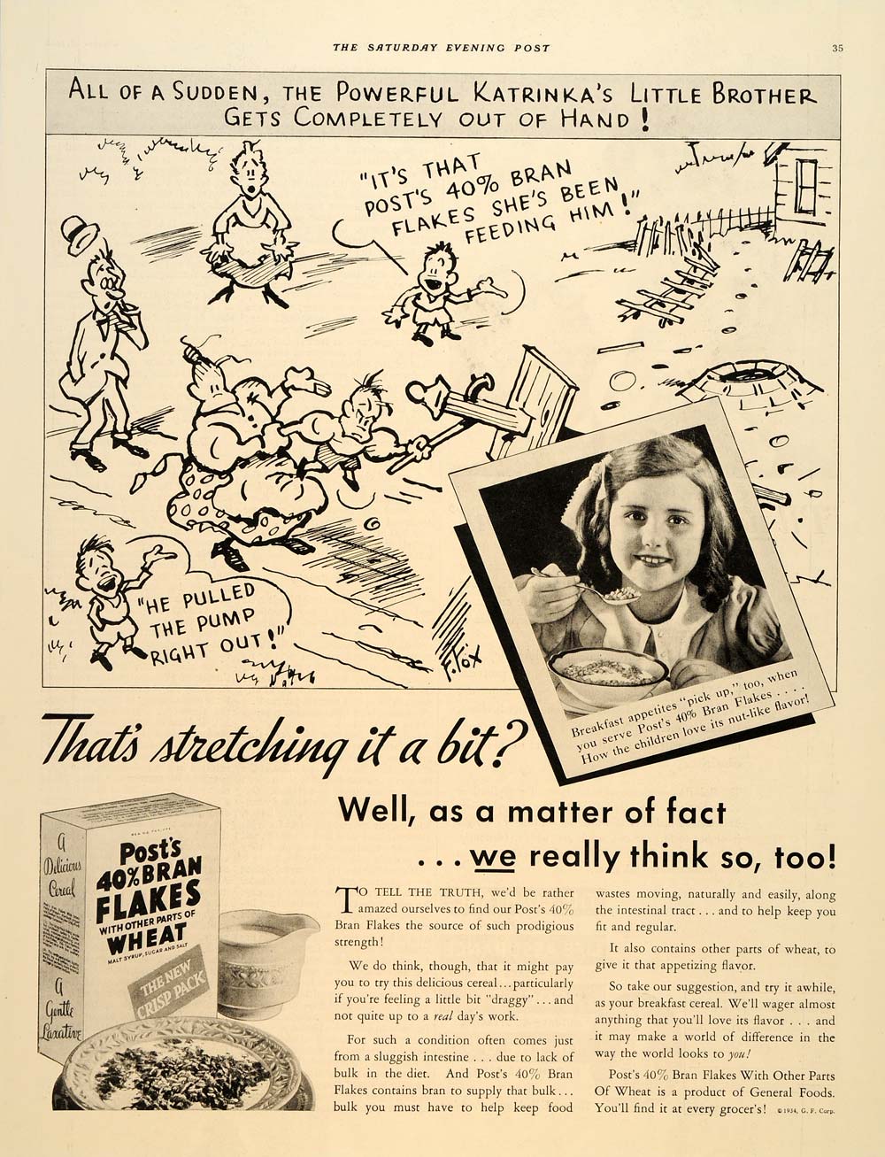1934 Ad Post Cereal Bran Flakes Box Wheat Girl Cartoon - ORIGINAL SEP4