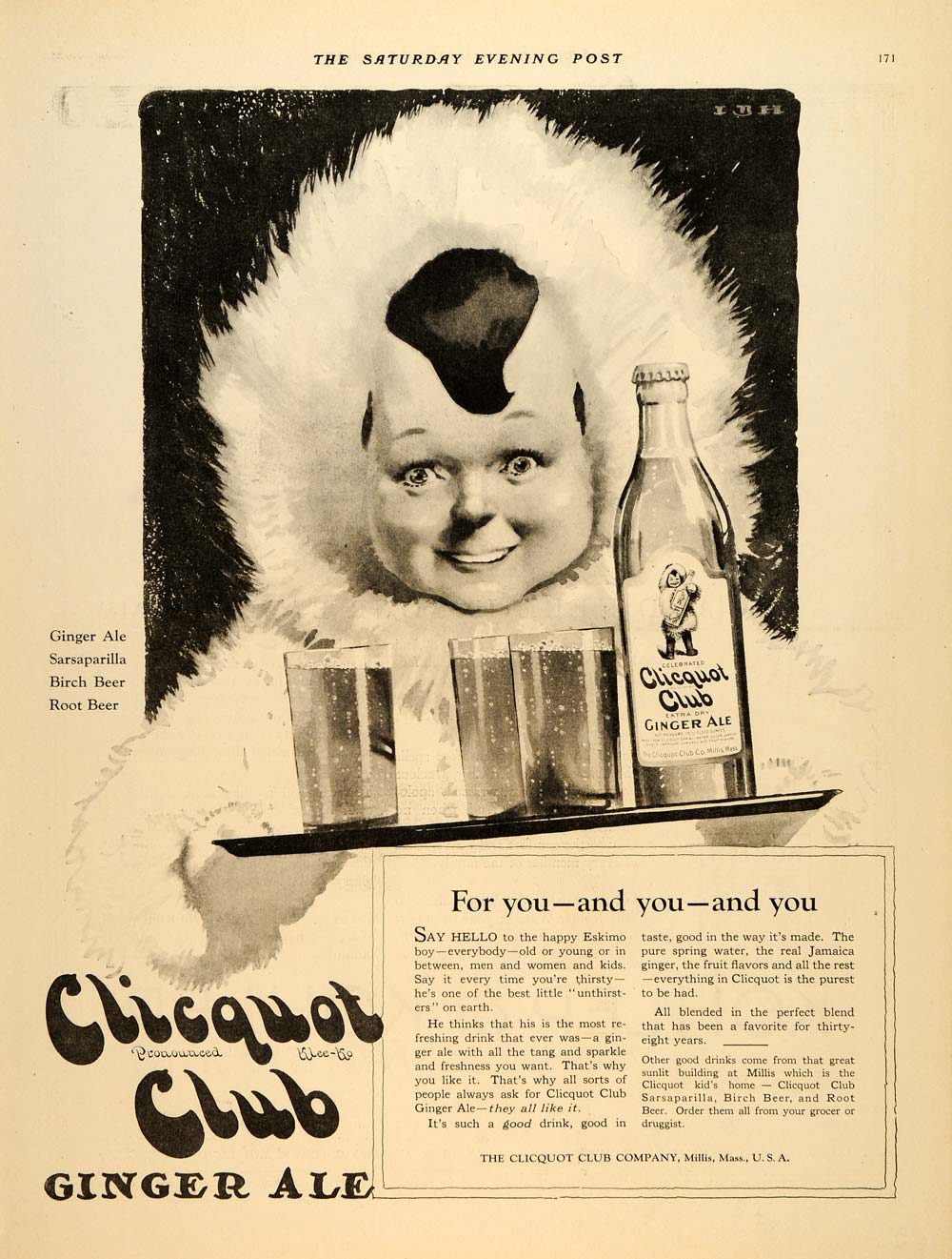 1923 Ad Clicquot Club Ginger Ale Boy Drink Eskimo Child - ORIGINAL SEP4