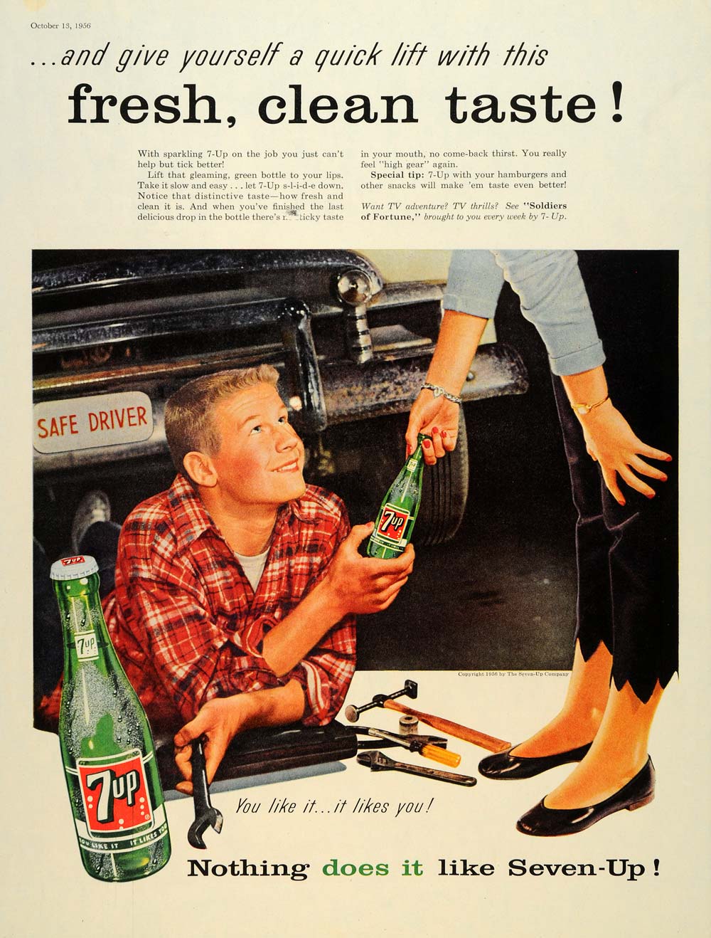 1956 Ad Vintage Car 7-UP Soldiers of Fortune Mechanic - ORIGINAL SEP4