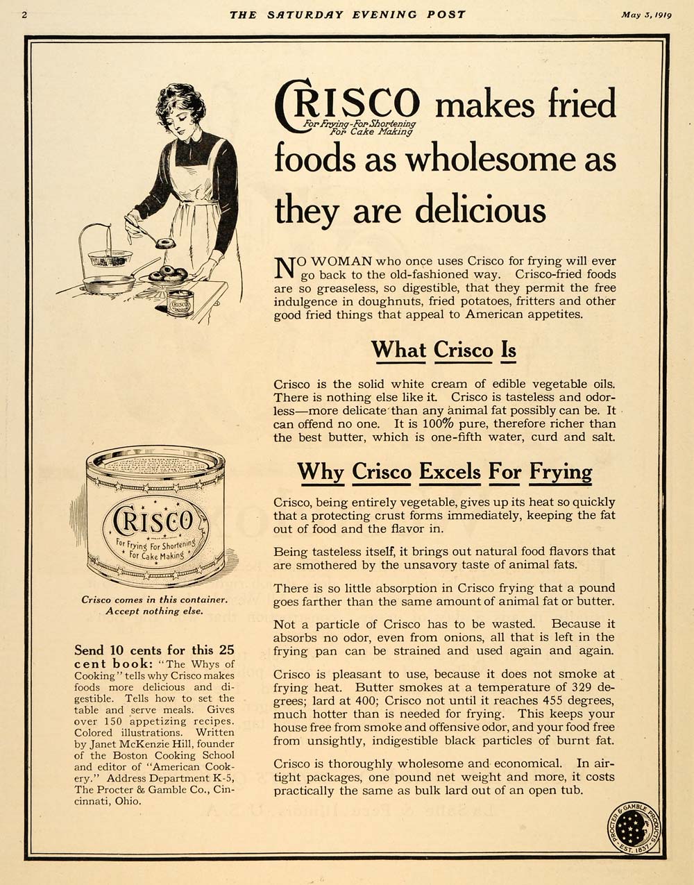 1919 Ad Crisco Woman Cooking Shortening Frying Lard - ORIGINAL ADVERTISING SEP4