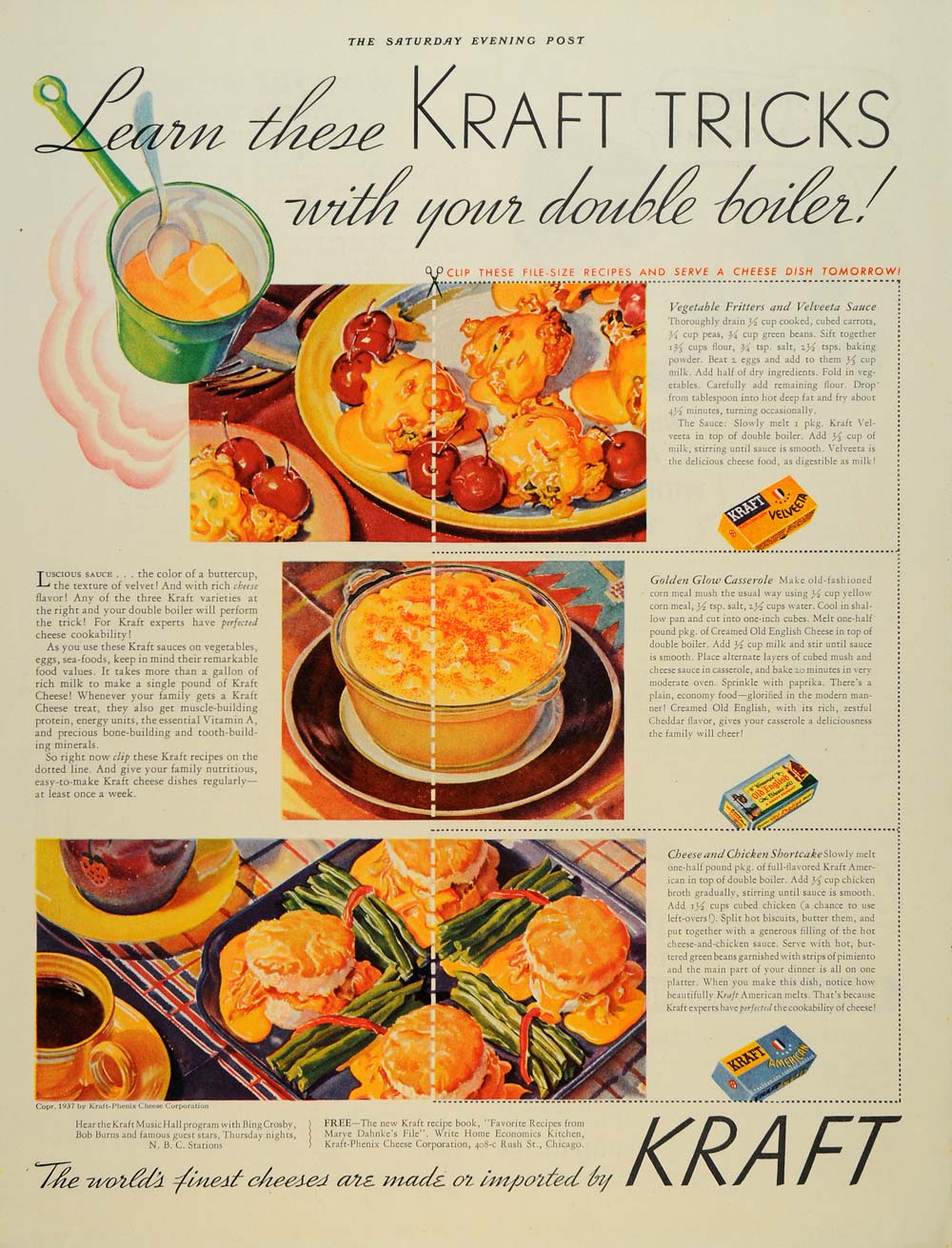 1937 Ad Kraft Cheese Recipe Double Boiler Mary Dahnke - ORIGINAL SEP4