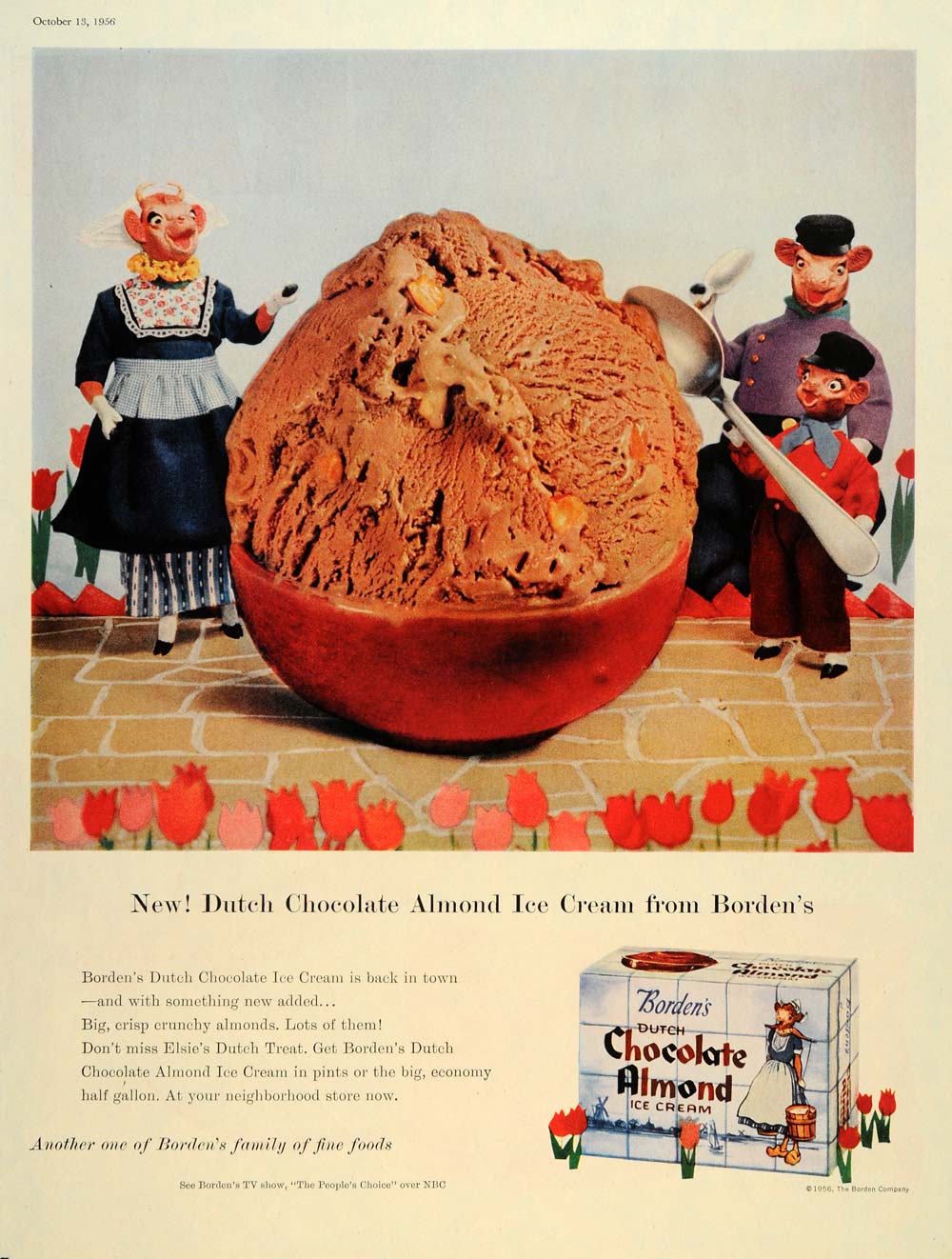 1956 Ad Chocolate Almond Ice Cream Dutch Borden Cow - ORIGINAL ADVERTISING SEP4