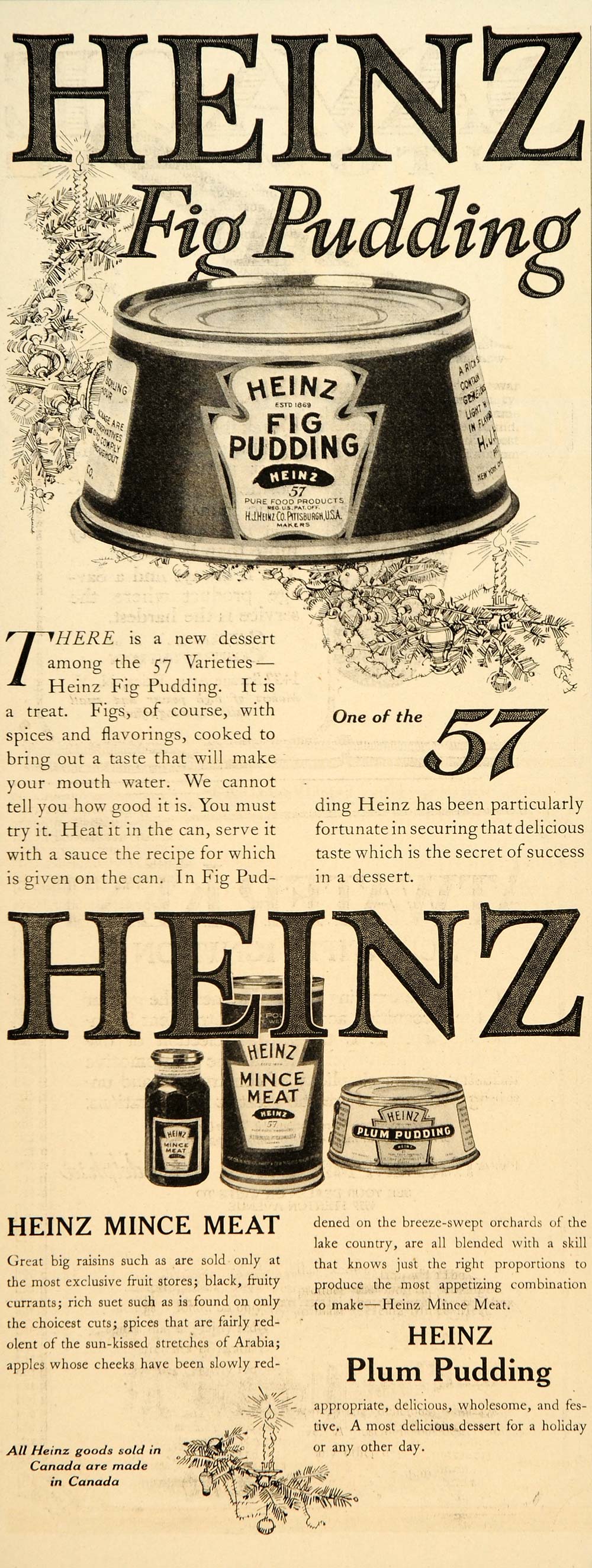1917 Ad Heinz 57 Fig Pudding Mince Meat Unique Tins WWI - ORIGINAL SEP4