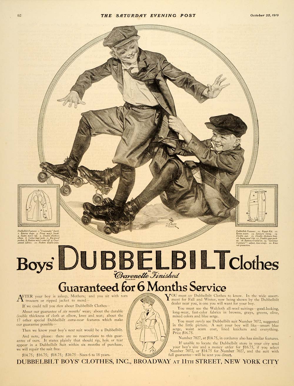 1919 Ad Dubbelbilt Boys Clothes Skating Herbert Meyer - ORIGINAL SEP4