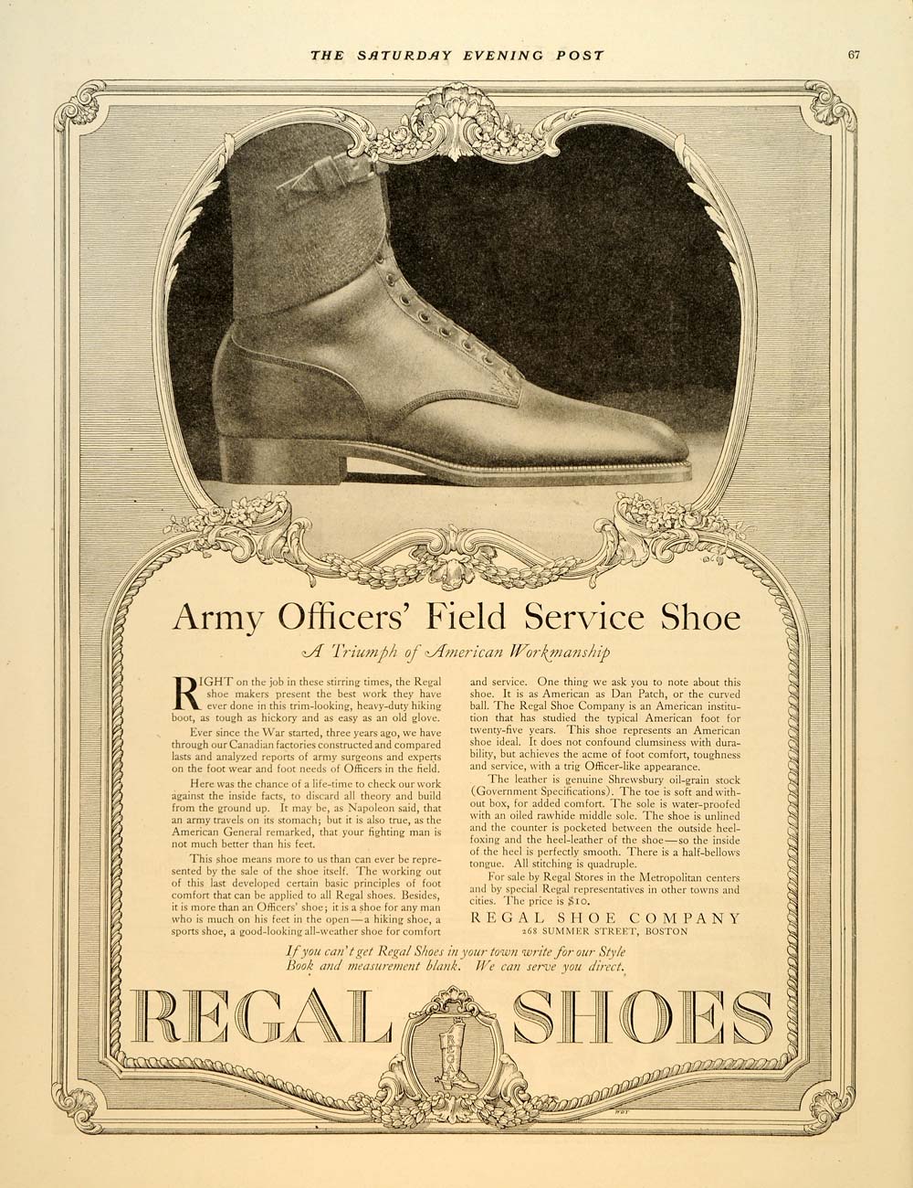 1917 Ad Regal Shoes Army Officers Field Service WWI - ORIGINAL ADVERTISING SEP4