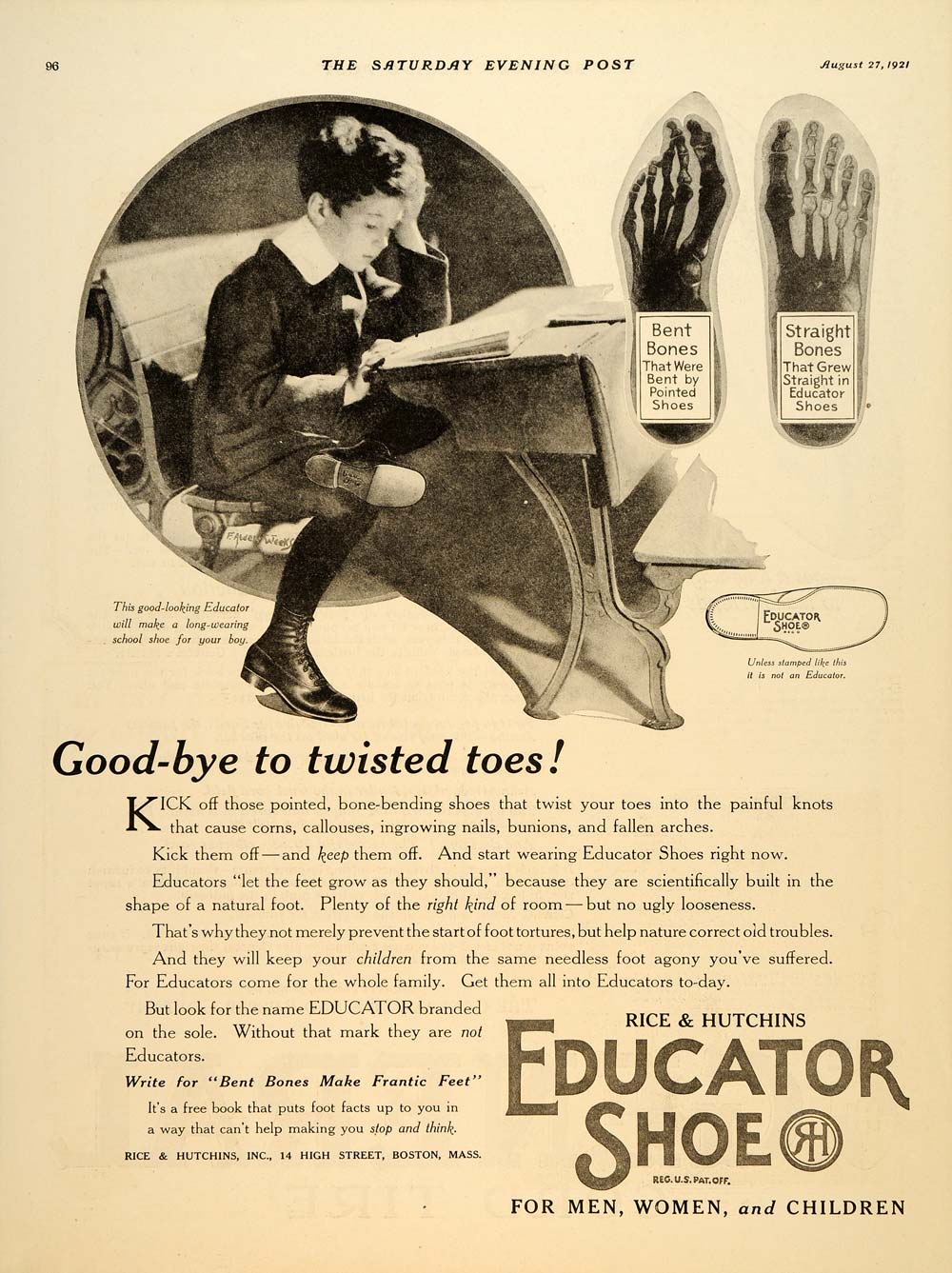 1921 Ad Educator Shoe Rice Hutchins Bones Foot Feet - ORIGINAL ADVERTISING SEP4