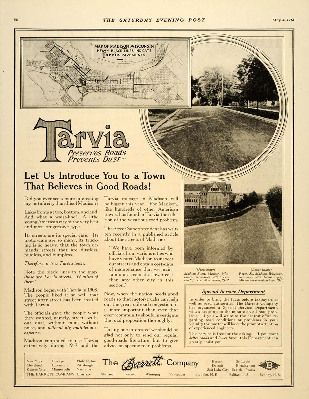 1918 Ad Tarvia Pavements Madison Regent Street Barrett - ORIGINAL SEP4