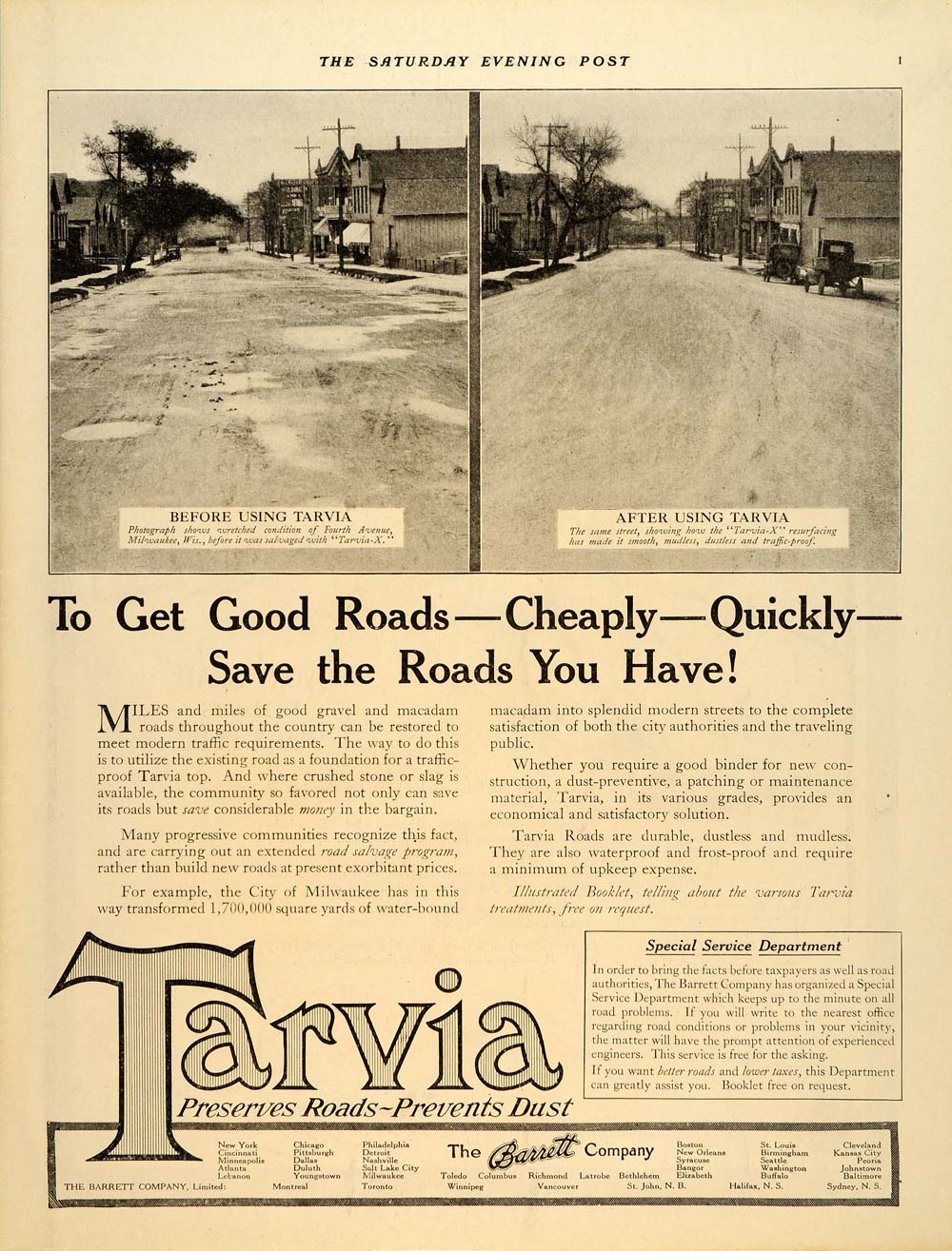 1920 Ad Tarvia Pavement Milwaukee Barrett Fourth Avenue - ORIGINAL SEP4