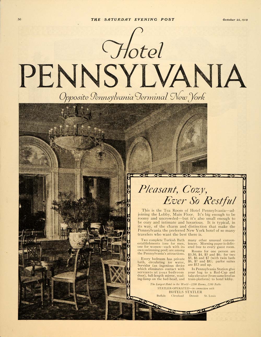 1919 Ad Hotel Pennsylvania Tea Room Turkish Bath - ORIGINAL ADVERTISING SEP4