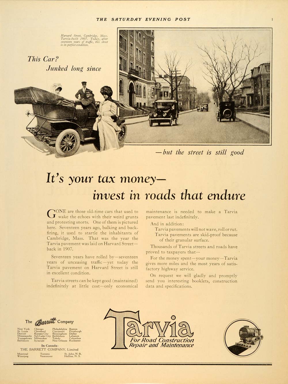 1918 Ad Tarvia Pavements Barrett Harvard Cambridge - ORIGINAL ADVERTISING SEP4