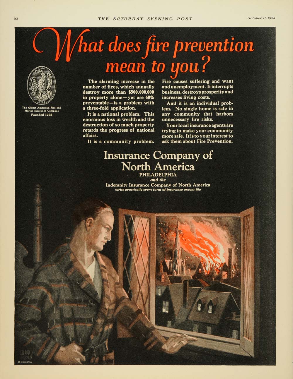 1924 Ad Insurance Company North America Fire Prevention - ORIGINAL SEP4