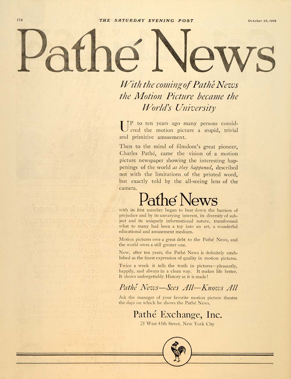 1919 Ad Charles Pathe News Motion Picture Newspaper - ORIGINAL ADVERTISING SEP4