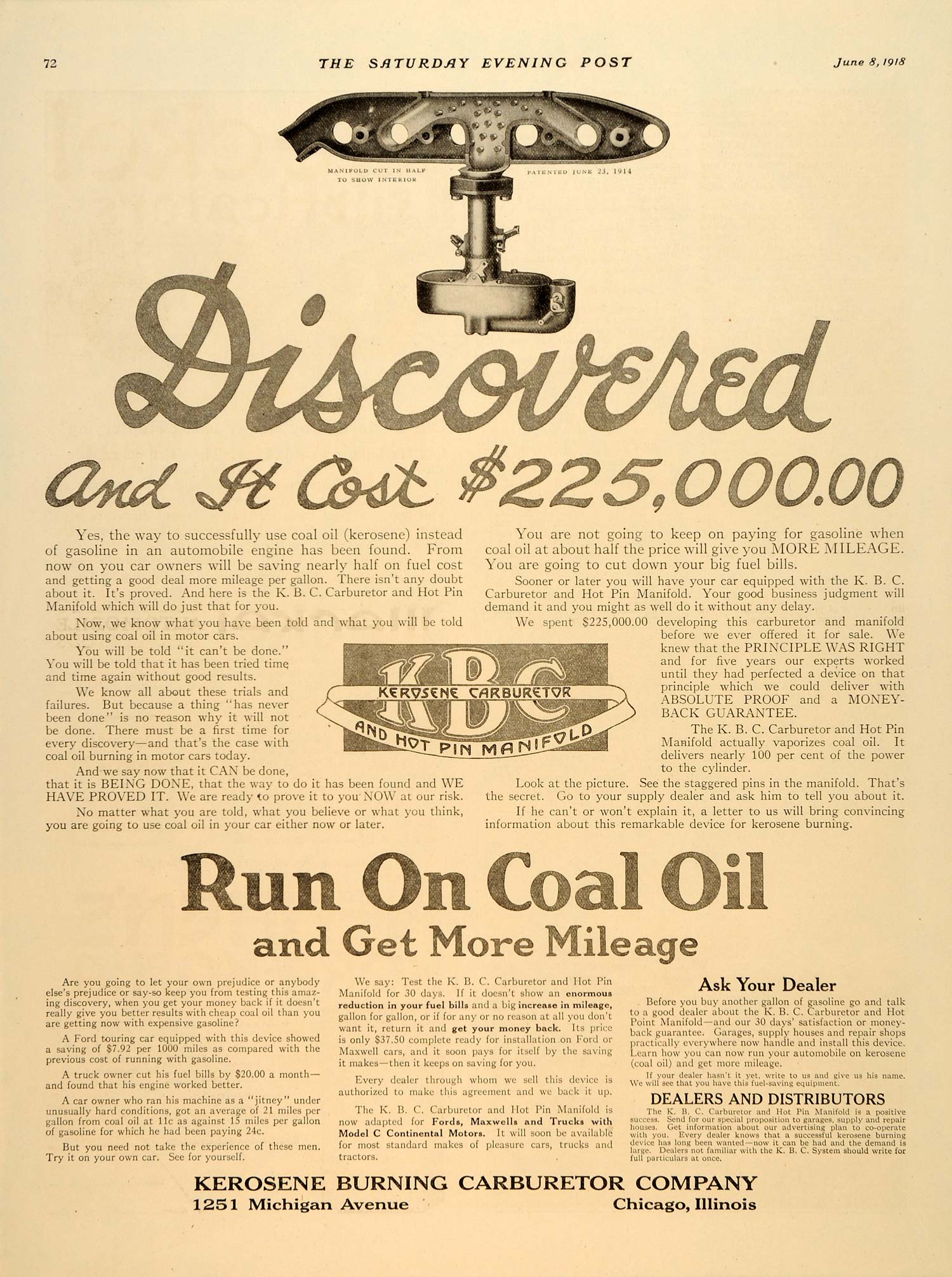 1918 Ad Kerosene Burning Carburetor Hot Pin Manifold - ORIGINAL ADVERTISING SEP4