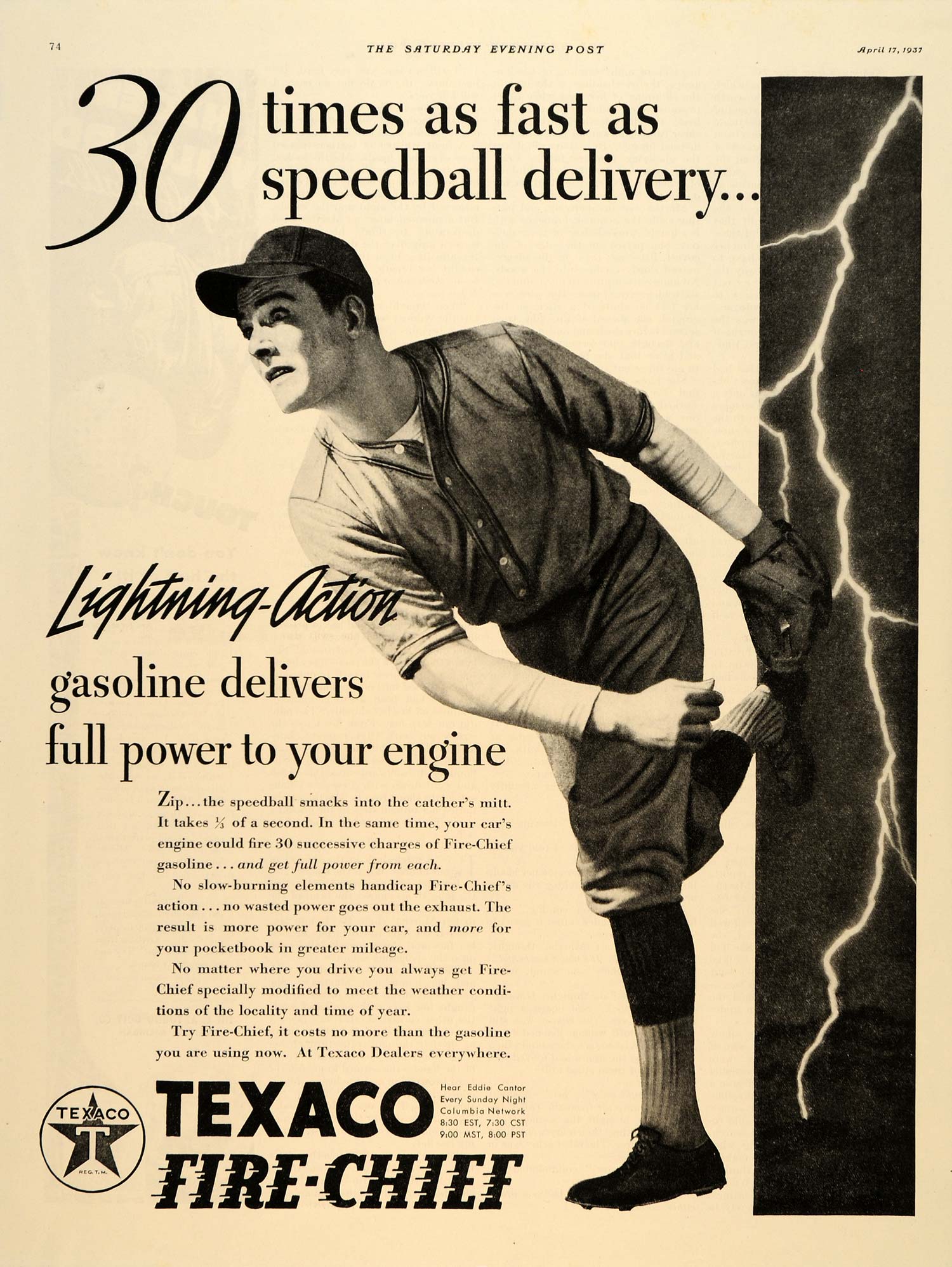 1937 Ad Texaco Fire Chief Baseball Gasoline Engine - ORIGINAL ADVERTISING SEP4