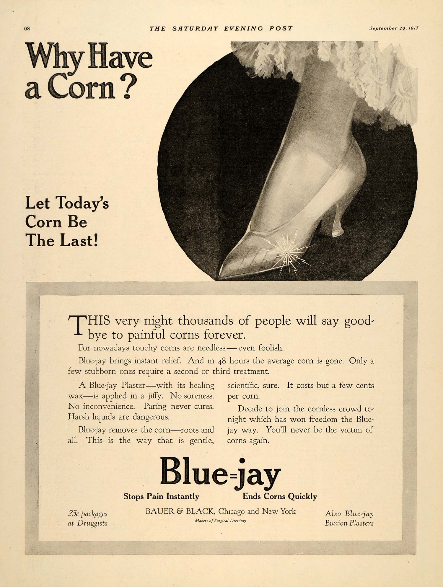1917 Ad Bauer Black Bluejay Foot Corn Drug Medicine - ORIGINAL ADVERTISING SEP4