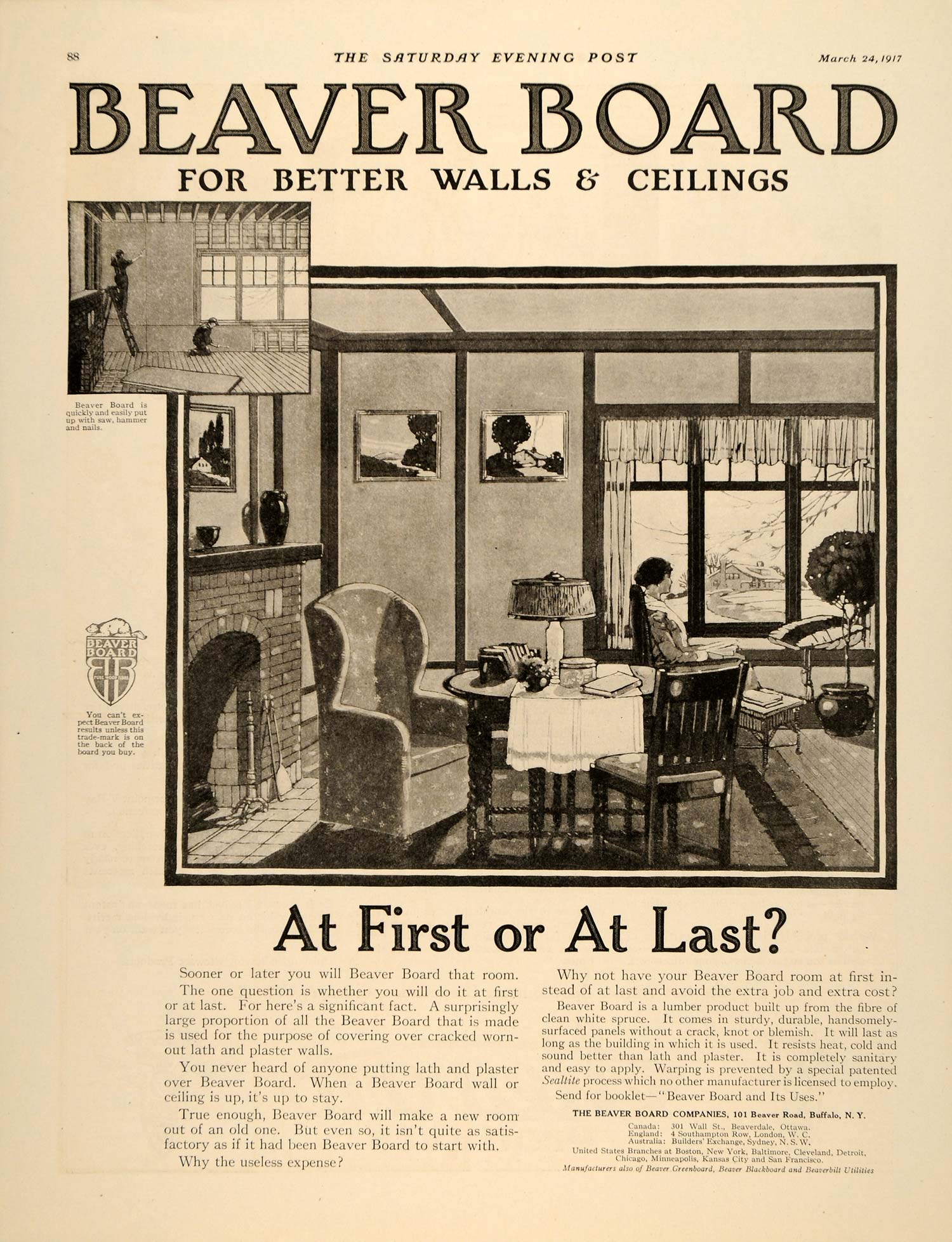 1917 Ad Beaver Board Walls Ceilings Panel Lumber Lath - ORIGINAL SEP4