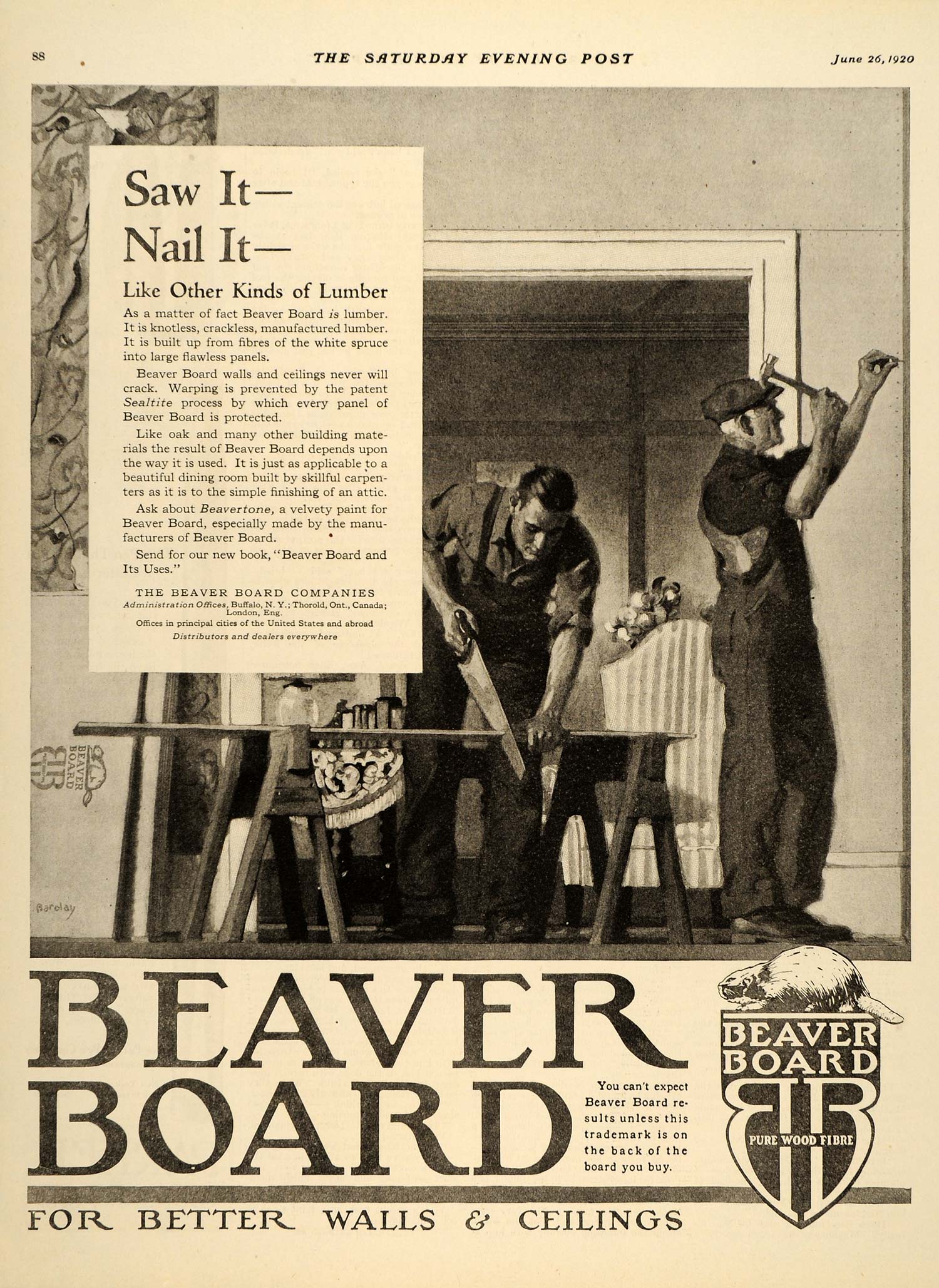 1920 Ad Beaver Board Lumber Walls Ceilings Thorold - ORIGINAL ADVERTISING SEP4