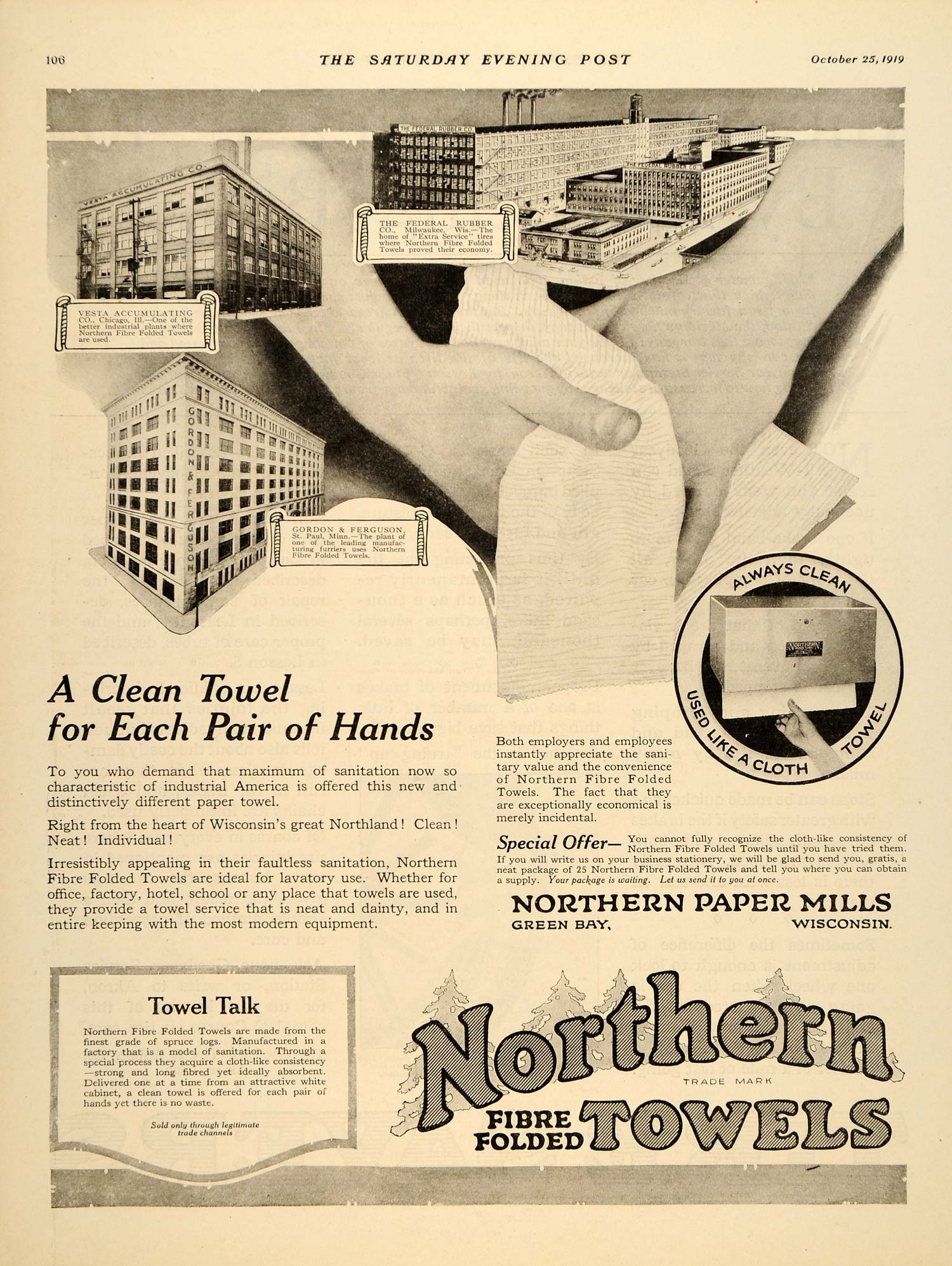 1919 Ad Northern Towels Wisconsin Green Bay Cleaning - ORIGINAL ADVERTISING SEP4
