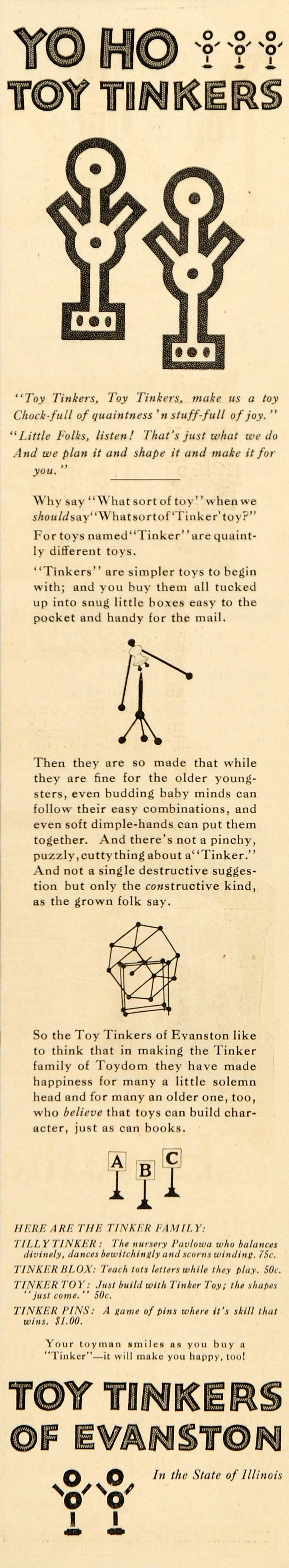 1917 Ad Yo Ho Toy Tinkers Tinkertoy Hasbro Evanston - ORIGINAL ADVERTISING SEP4