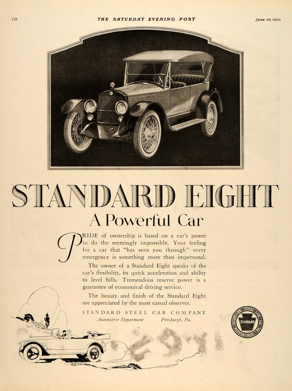 1920 Ad Antique Standard Steel Eight Car Pittsburgh - ORIGINAL ADVERTISING SEP4