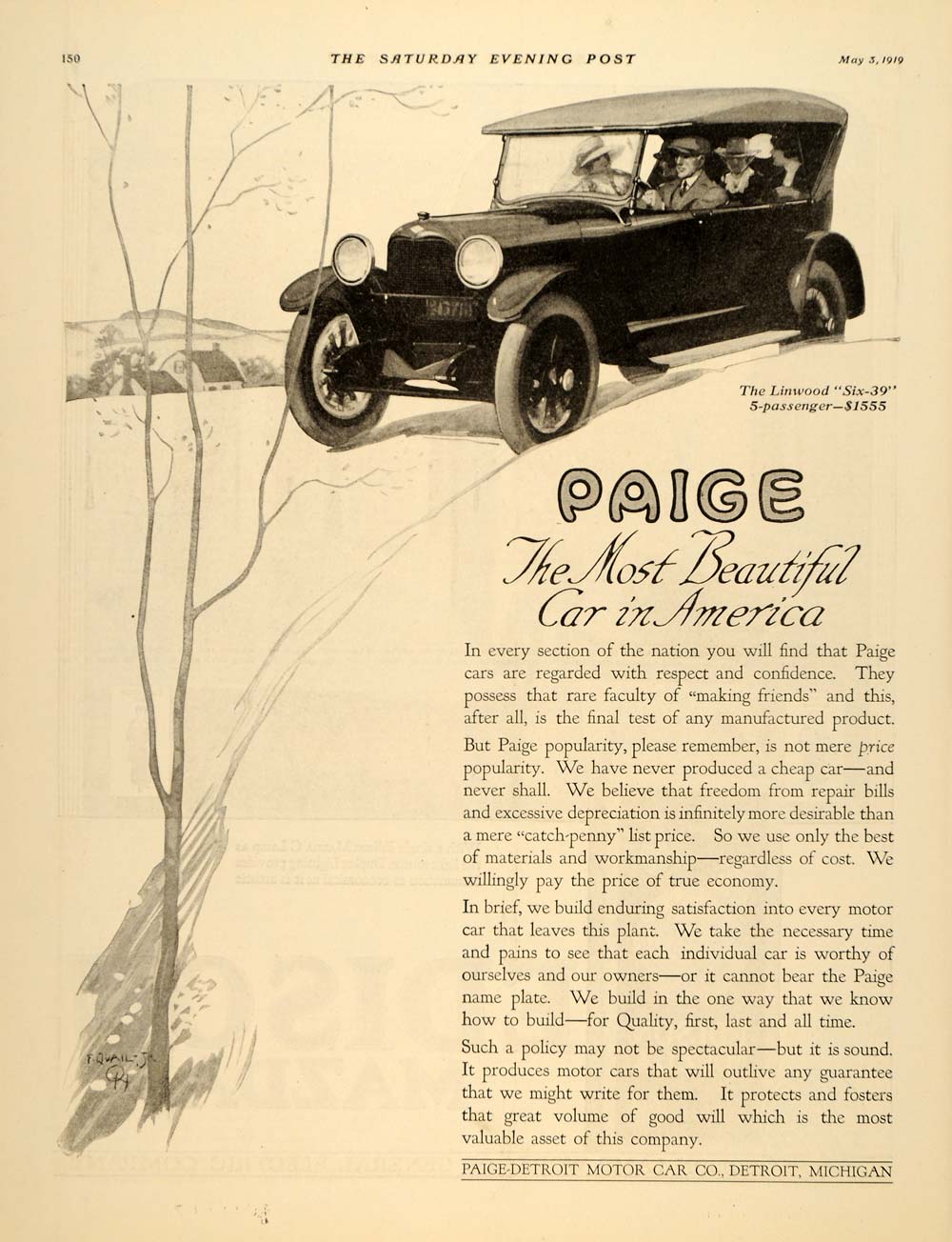 1919 Ad Paige-Detroit Linwood Six-38 Frank Quail Art - ORIGINAL ADVERTISING SEP4