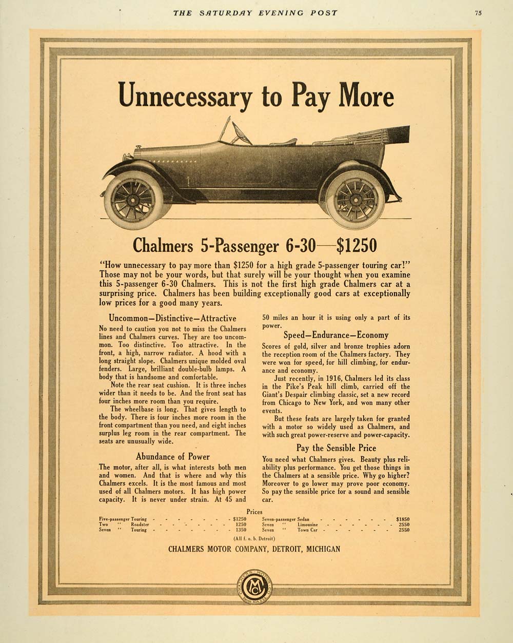1917 Ad Antique Chalmers Motor Car Models Pricing - ORIGINAL ADVERTISING SEP4