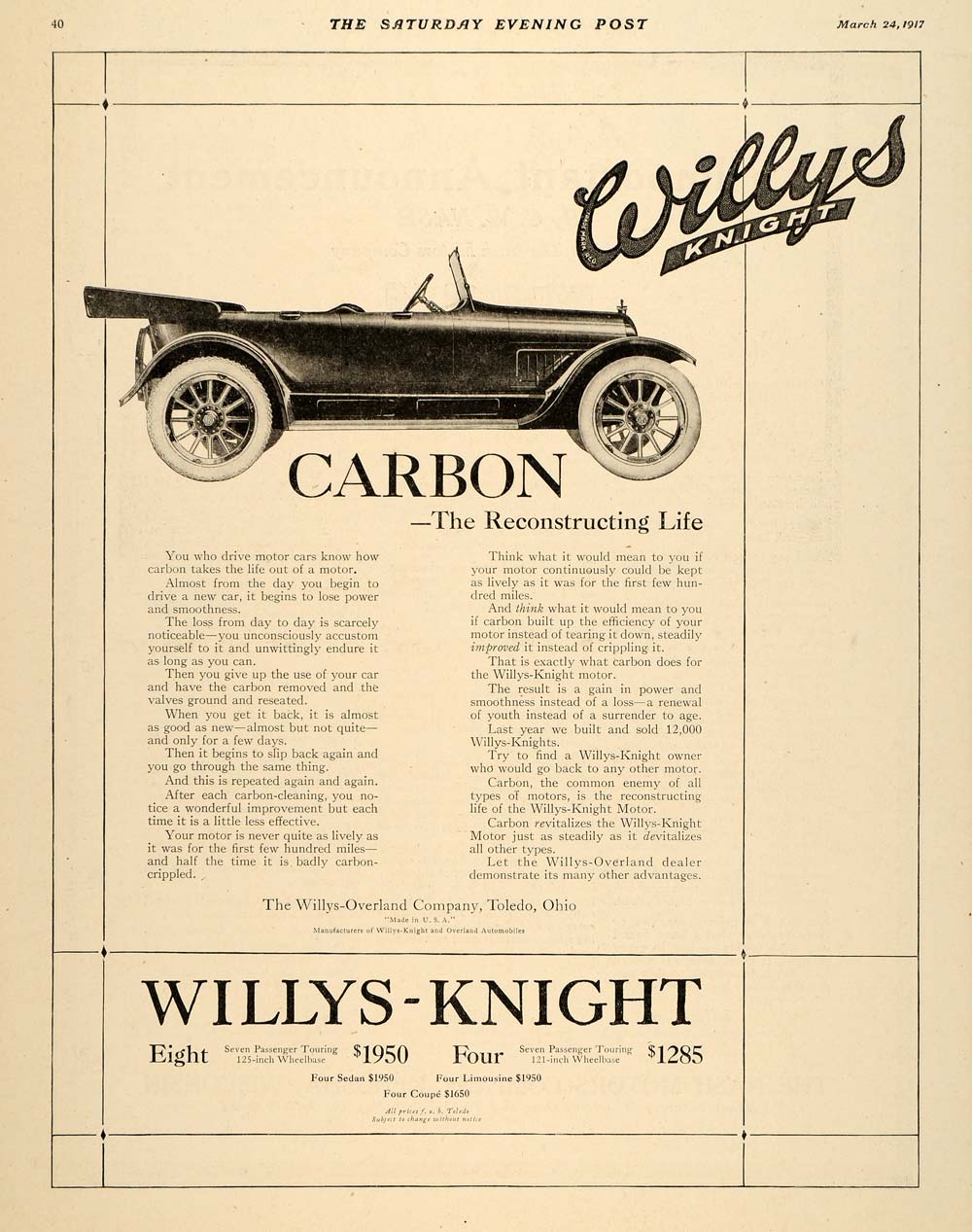 1917 Ad Antique Willys-Knight Models Carbon Pricing - ORIGINAL ADVERTISING SEP4