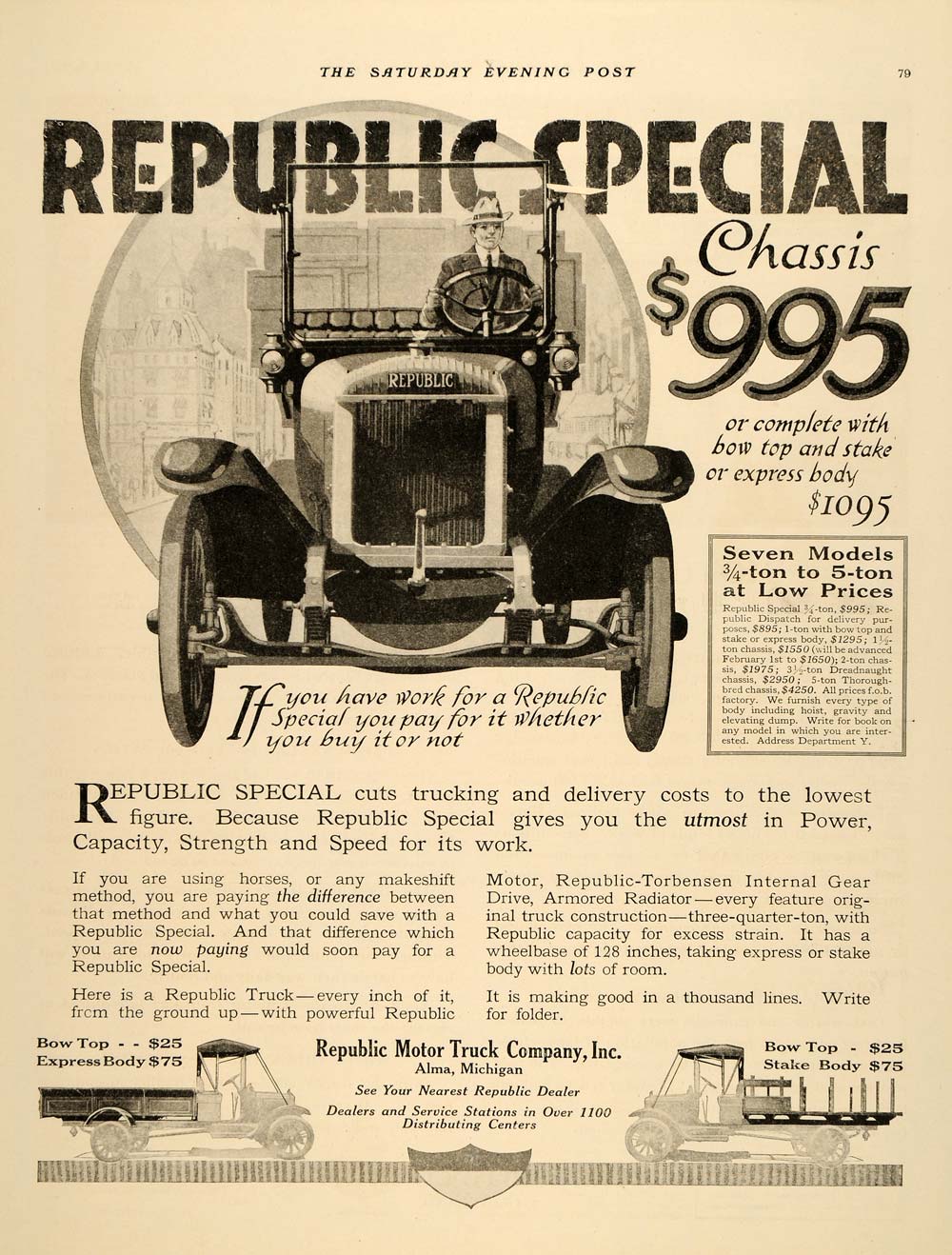 1918 Ad Republic Motor Truck Torbensen Gear Drive Alma - ORIGINAL SEP4