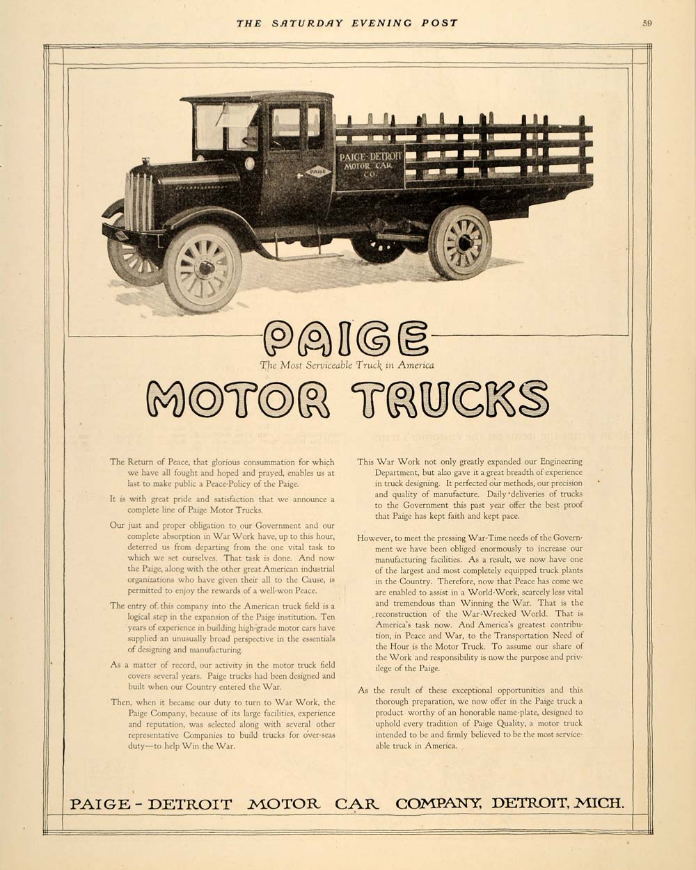 1918 Ad Paige Detroit Motor Car Service Trucks War Work - ORIGINAL SEP4