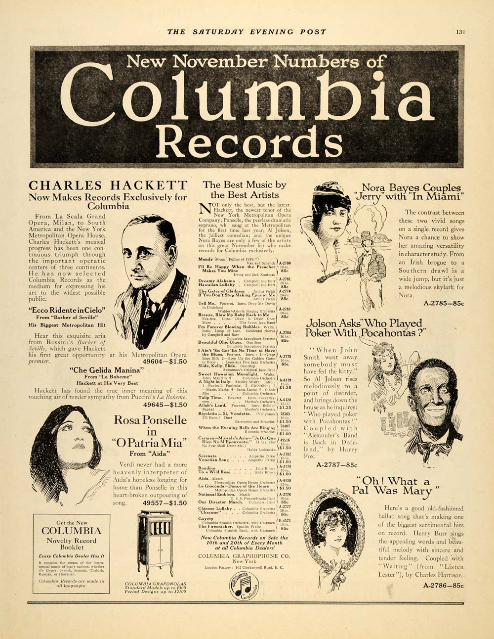 1919 Ad Columbia Records Graphophone Charles Hackett - ORIGINAL ADVERTISING SEP4