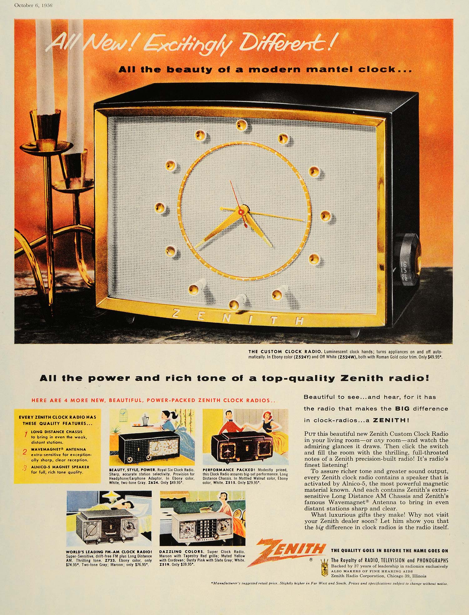 1956 Ad Zenith Mantel Clock Radio Wave Magnet Antenna - ORIGINAL SEP4