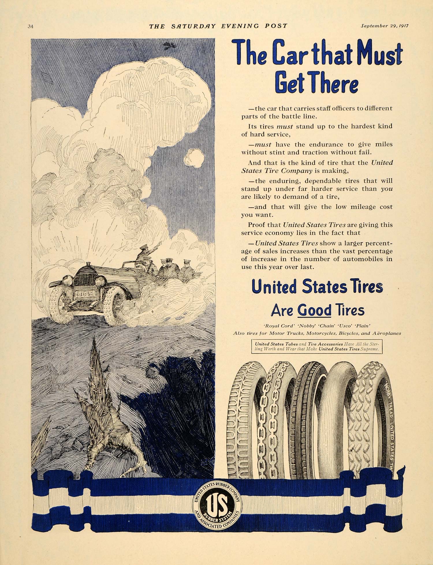 1917 Ad United States Tires Nobby Royal Cord WWI Car - ORIGINAL ADVERTISING SEP4