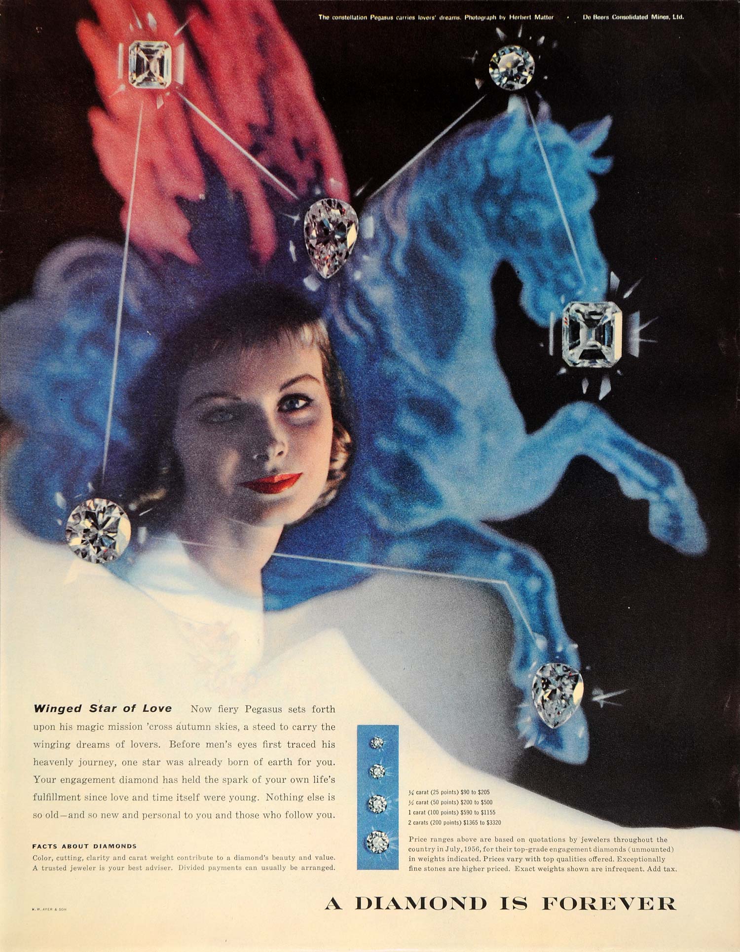 1956 Ad Constellation Pegasus Jewel Diamond De Beers - ORIGINAL ADVERTISING  SEP4