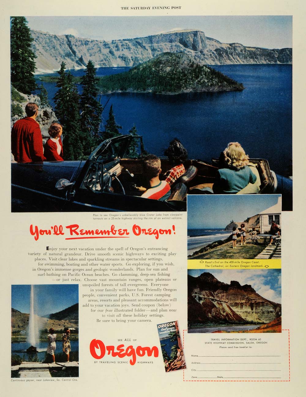 1950 Ad Oregon Travel Information State Highway Commission Salem Crater SEP5