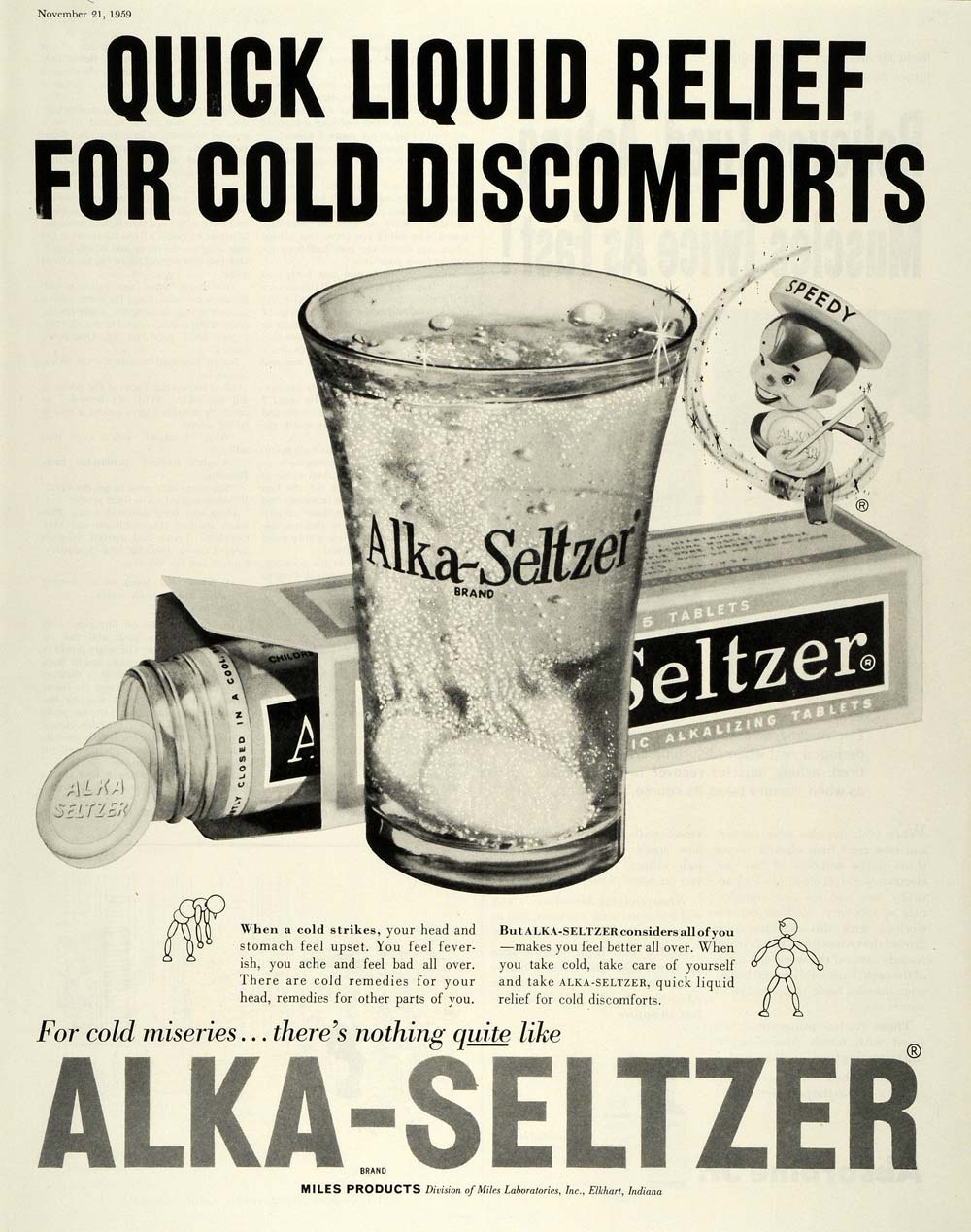 1959 Ad Alka-Seltzer Brand Tablets Liquid Relief Cold Miles