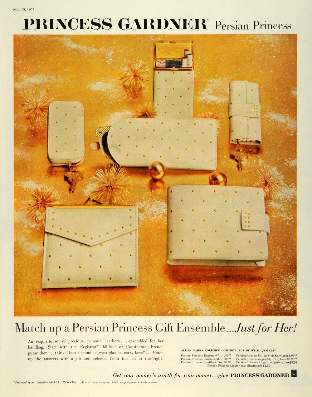 1957 Ad Persian Princess Gardner Leather Handbag Gahna Registrar SEP5 –  Period Paper Historic Art LLC