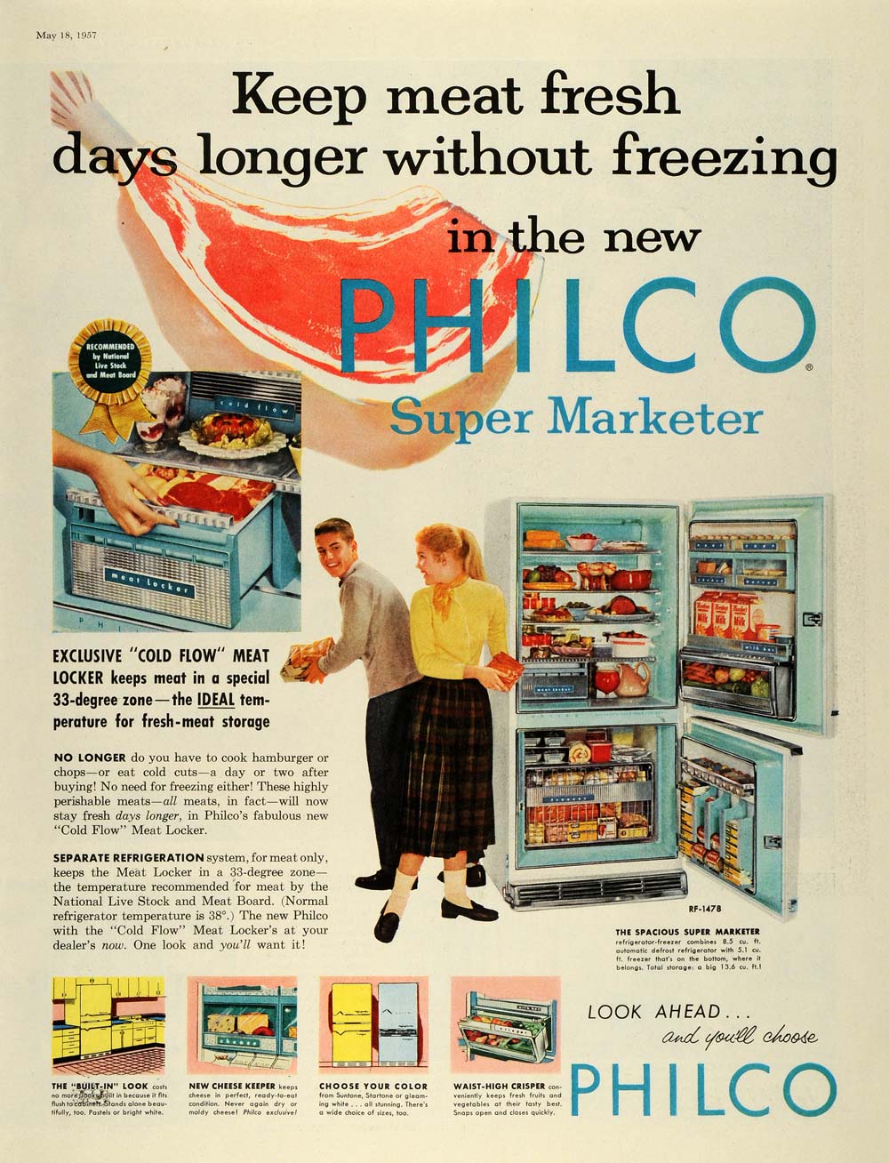 1957 Ad Philco Freeze Meat Locker Super Marketer Refrigerator RF
