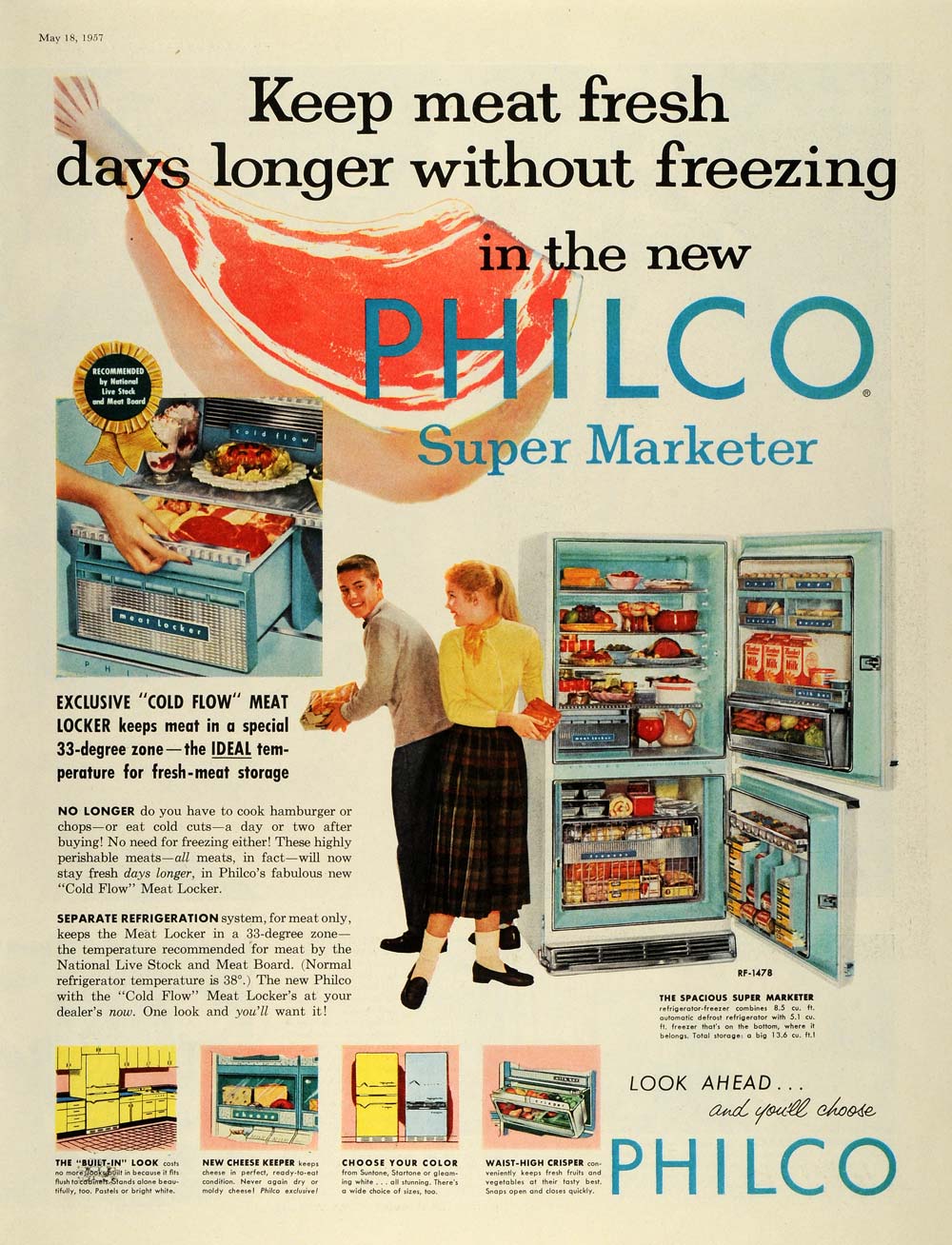 1957 Ad Philco Freeze Meat Locker Super Marketer Refrigerator RF-1478 SEP5