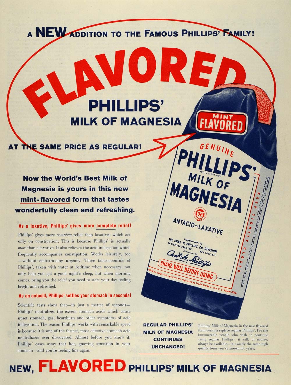1957 Ad Phillips Milk of Magnesia Mint Flavored Antacid Laxative Settles SEP5