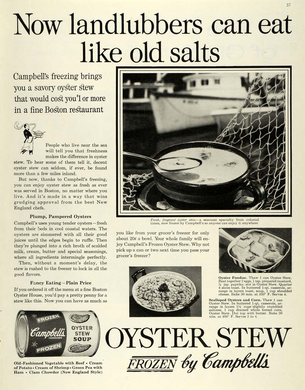 1959 Ad Landlubbers Campbells Oyster Stew Frozen Soup Fondue Scalloped SEP5