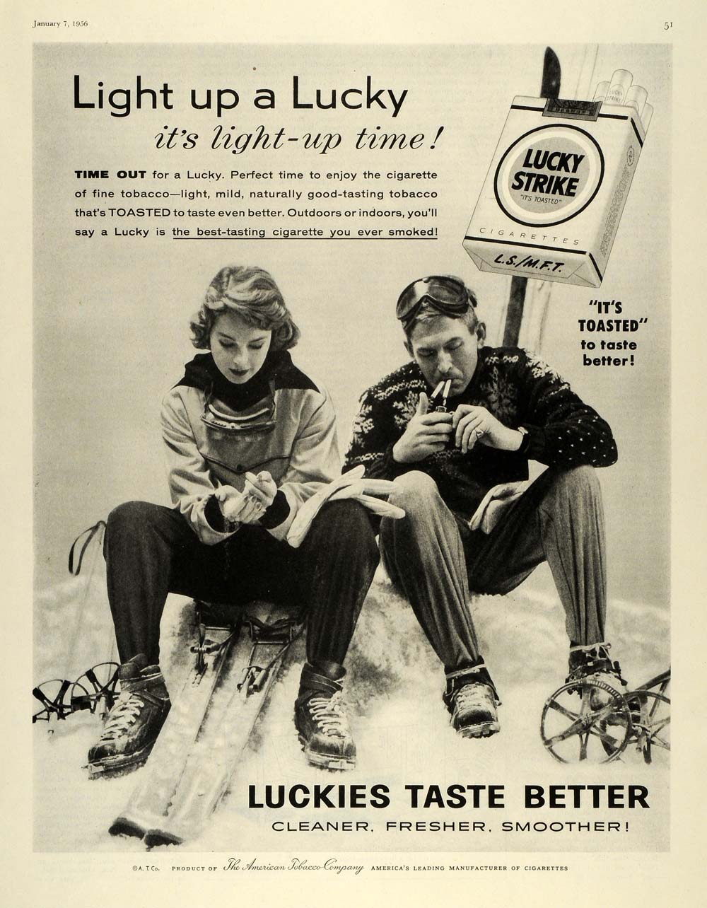 1956 Ad Skiers Smoke Lucky Strike Cigarettes Light Up Time American Tobacco SEP5