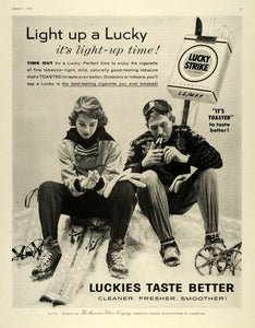 1956 Ad Skiers Smoke Lucky Strike Cigarettes Light Up Time American Tobacco SEP5