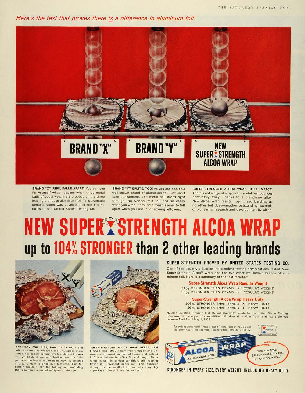 1957 Ad Alcoa Wrap Aluminum Foil Fresh Ham Food Preserve Strength Test SEP5