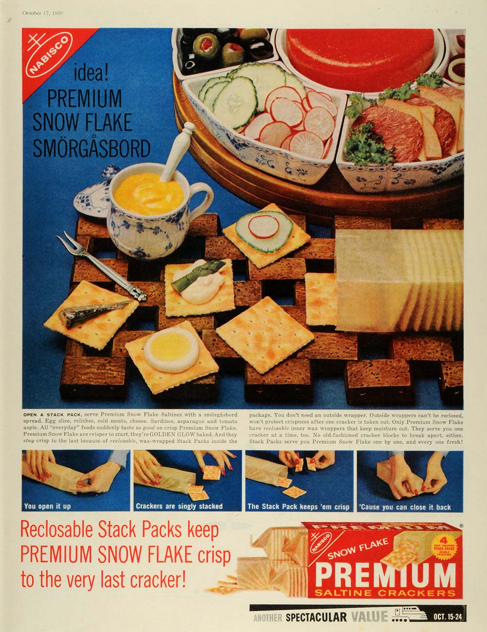 1959 Ad Snow Flake Smorgasbord Premium Saltine Crackers Wax Wrappers Snack SEP5