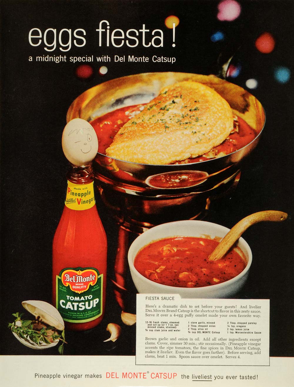 1959 Ad Eggs Fiesta Del Monte Tomato Catsup Sauce Recipe Midnight Special SEP5