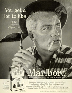 1956 Ad Marlboro Man Smoking Long Cigarette Garden Hoe Flip Top Box Tobacco SEP5