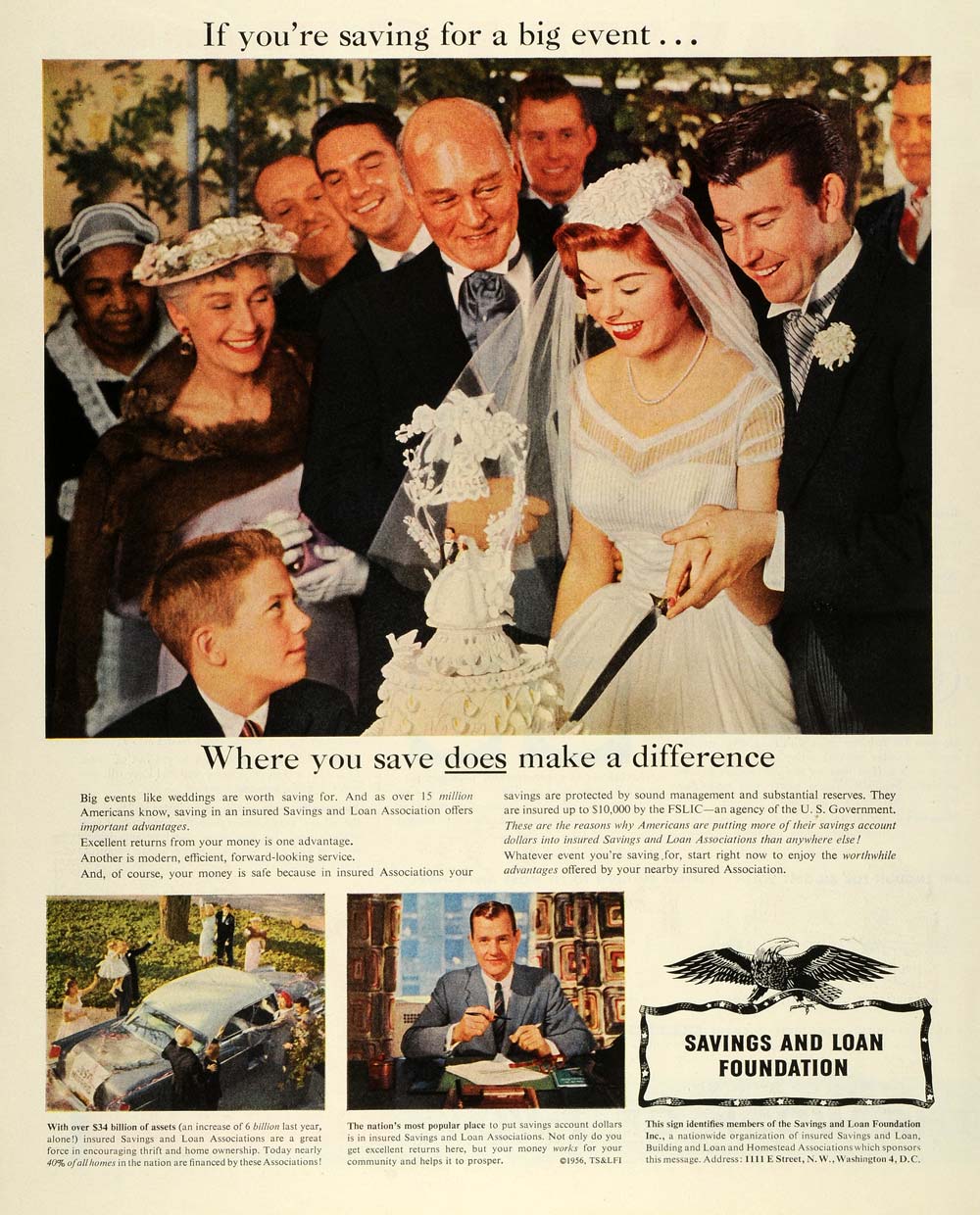 1956 Ad Savings Loan Foundation Wedding Cake Cut FSLIC Homestead SEP5