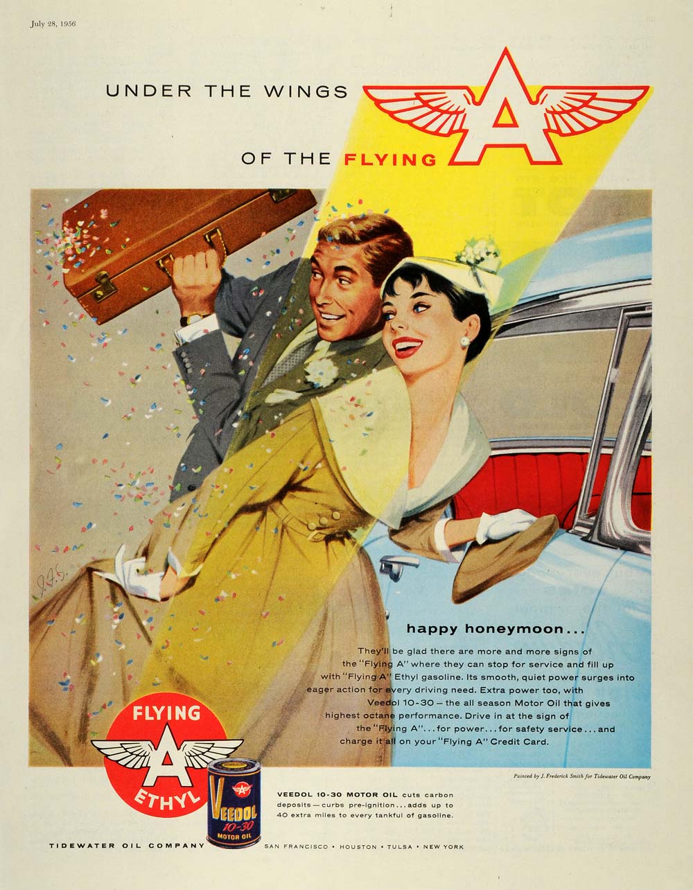 1956 Ad Honeymoon A Ethyl Gasoline Veedol 10-30 J Frederick Smith Tidewater SEP5