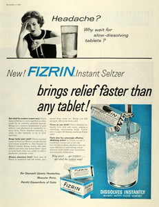 1957 Ad Fizrin Instant Seltzer Pain Headache Relief Tablet Analgesic SEP5
