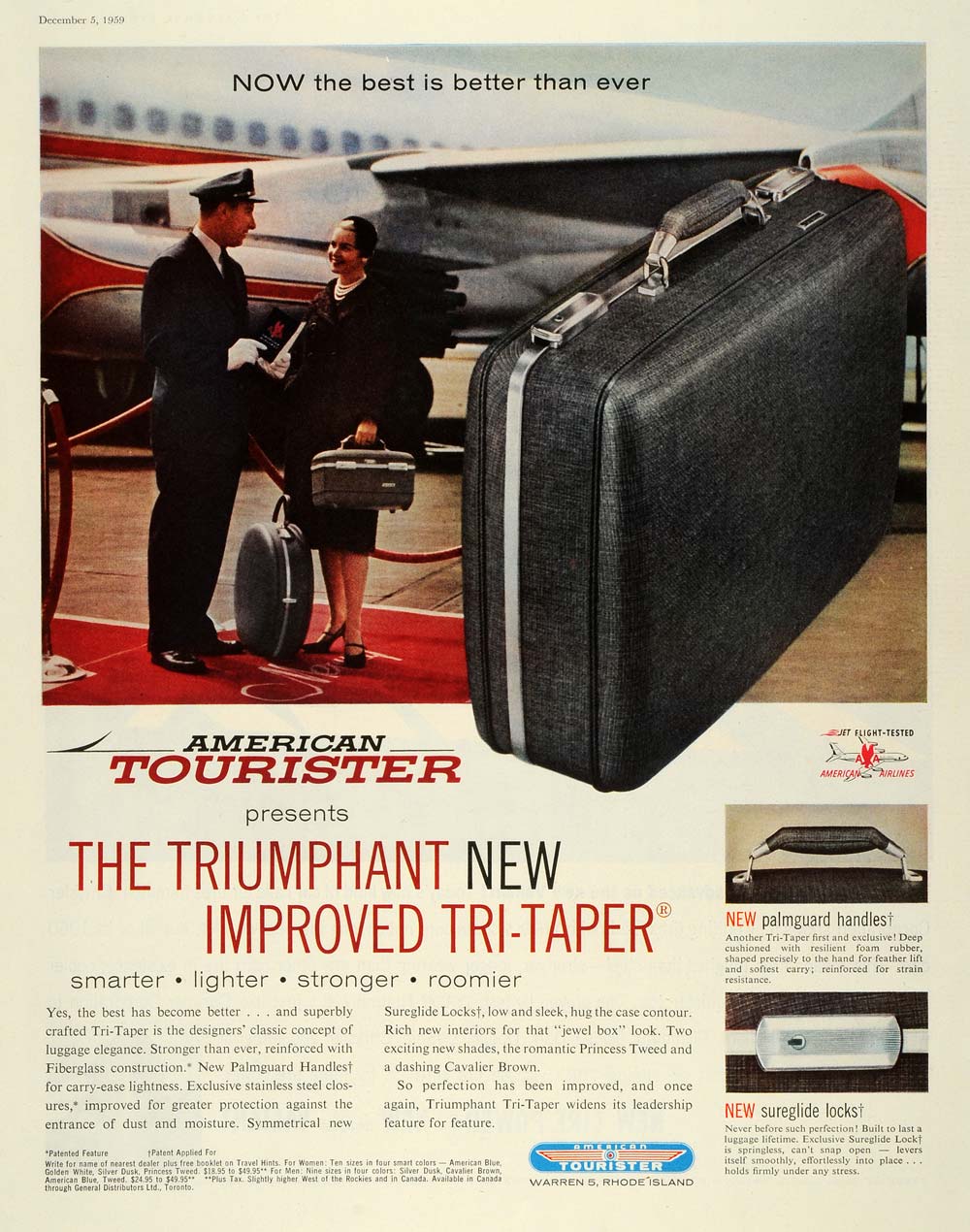 1959 Ad American Tourister Tri-Taper Suitcase Luggage Baggage